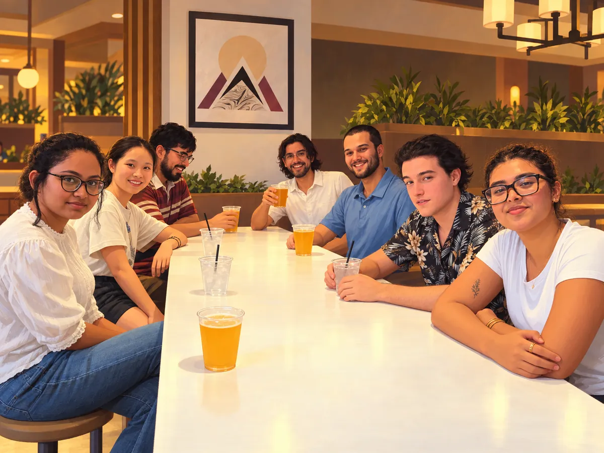 The PULSE Lab team drawn as an animated-film still, seated around a café table