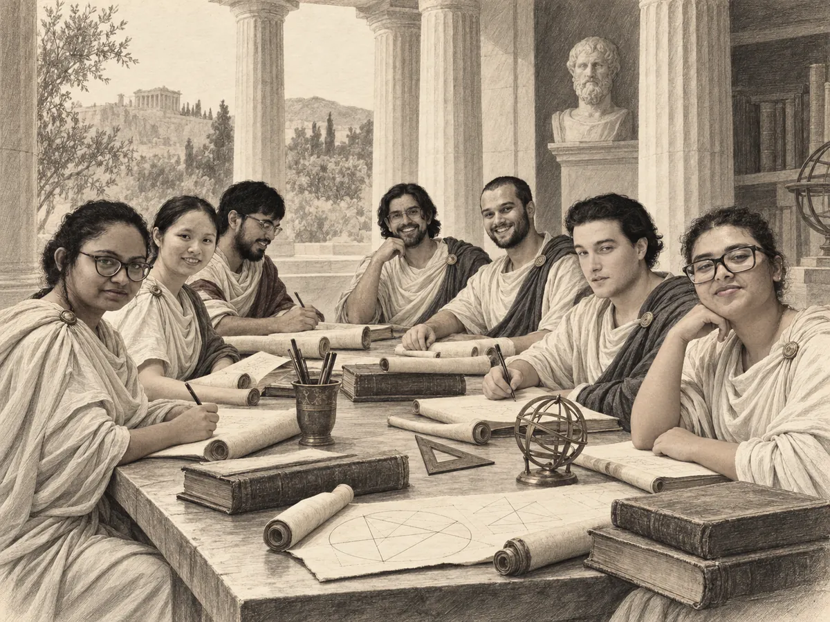 Charcoal-style drawing of the PULSE Lab team as classical Greek scholars with scrolls and books