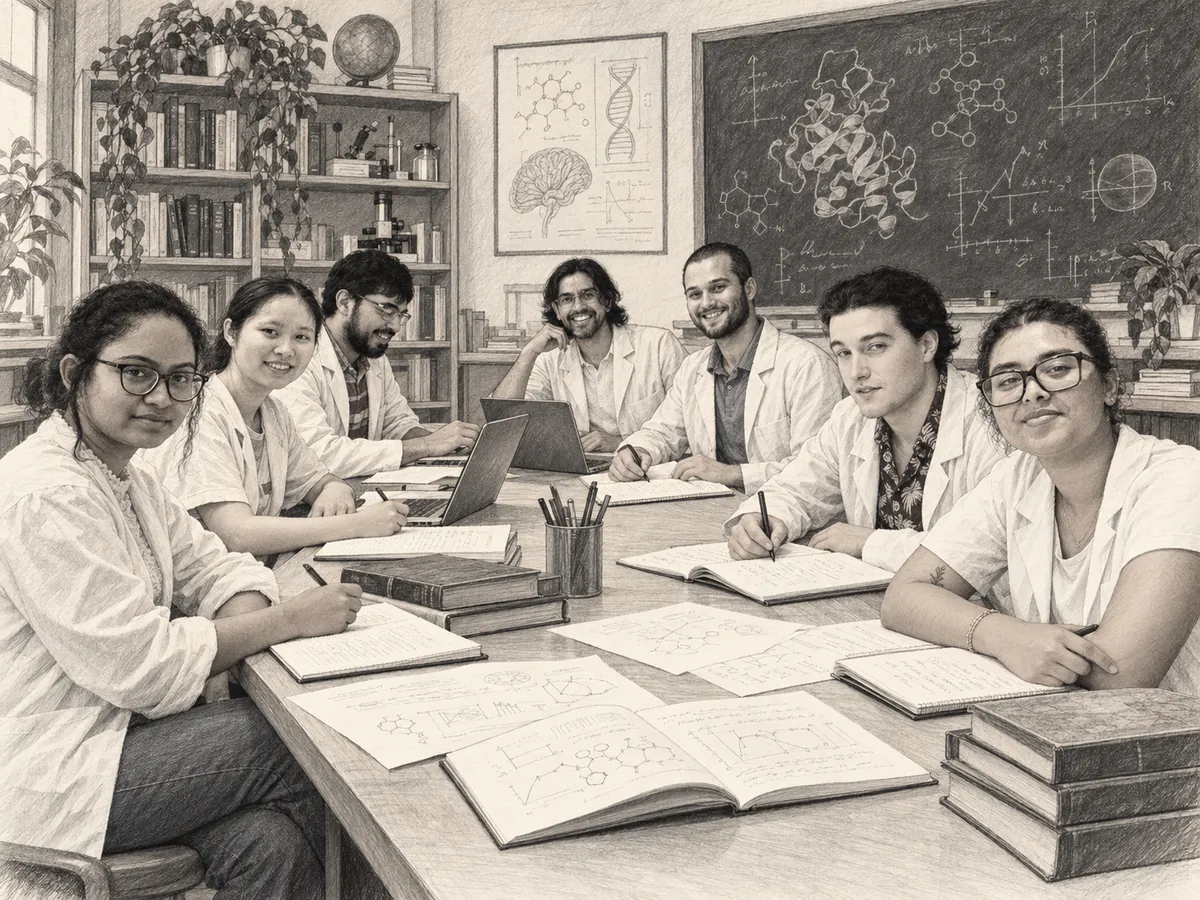 Pencil drawing of the PULSE Lab team as scientists around a table of notebooks, with a chalkboard behind them