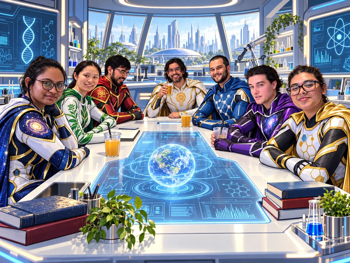Comic-book illustration of the PULSE Lab team as science superheroes around a futuristic research table